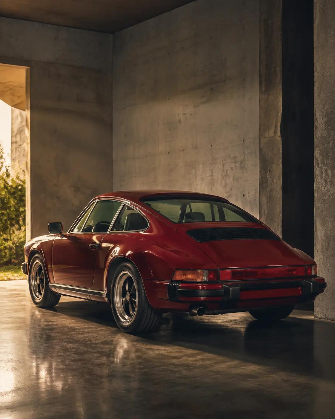 Klassieke rode sportwagen in een architectonische garage